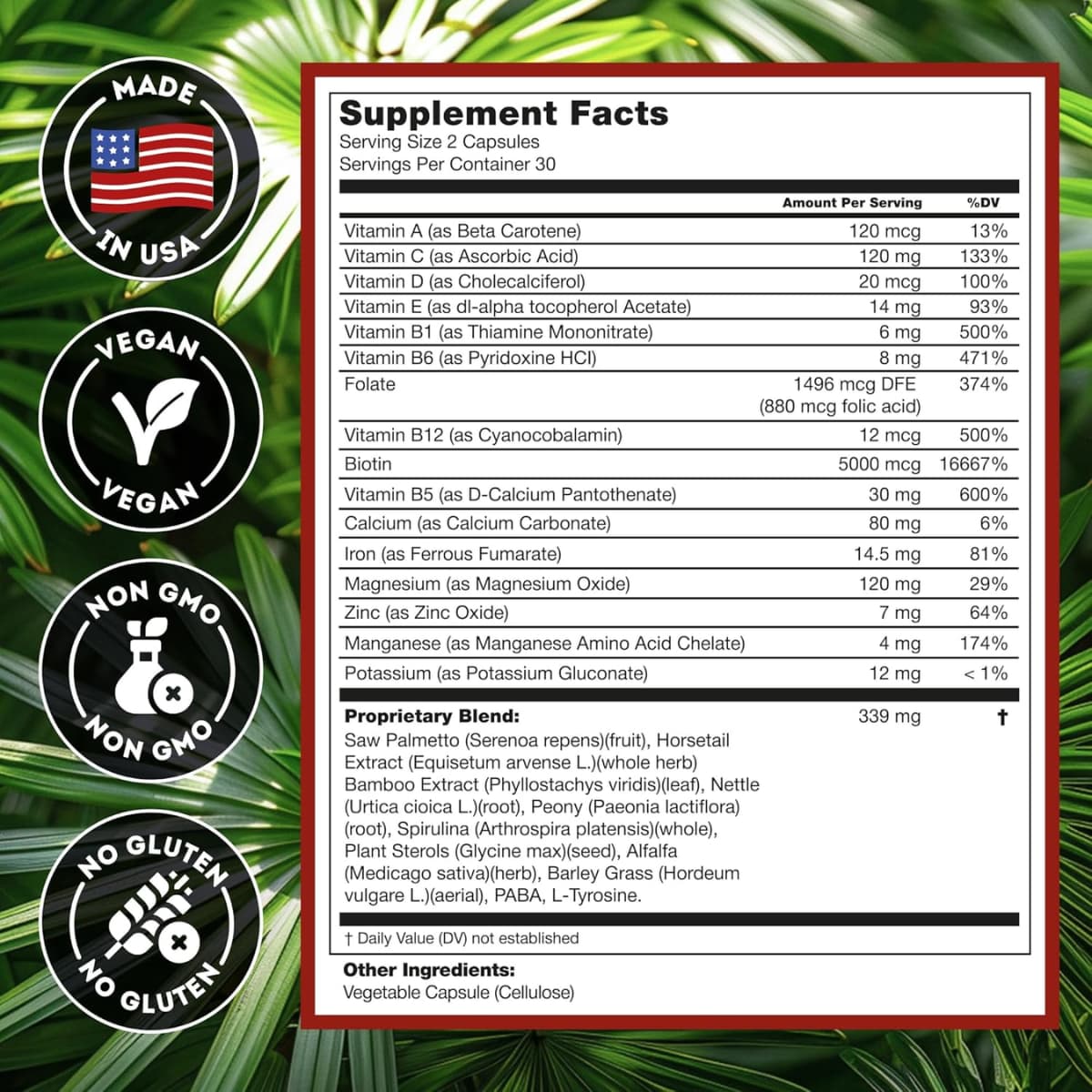 Tabla nutricional del suplemento Hairo Nutrition Biotina 60 cápsulas