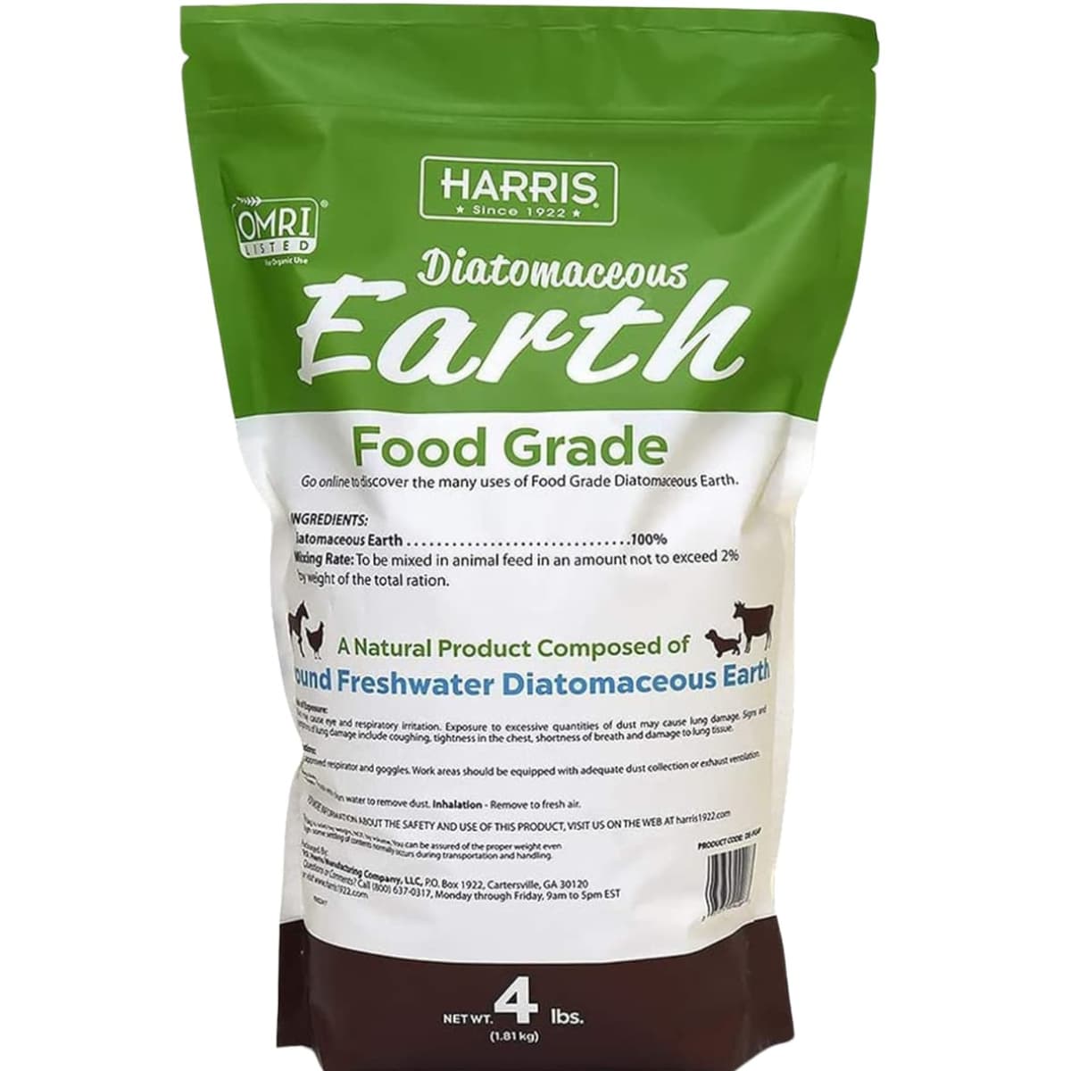 Etiqueta posterior de HARRIS tierra de diatomeas de 4 lb con instrucciones, advertencias y código de barras