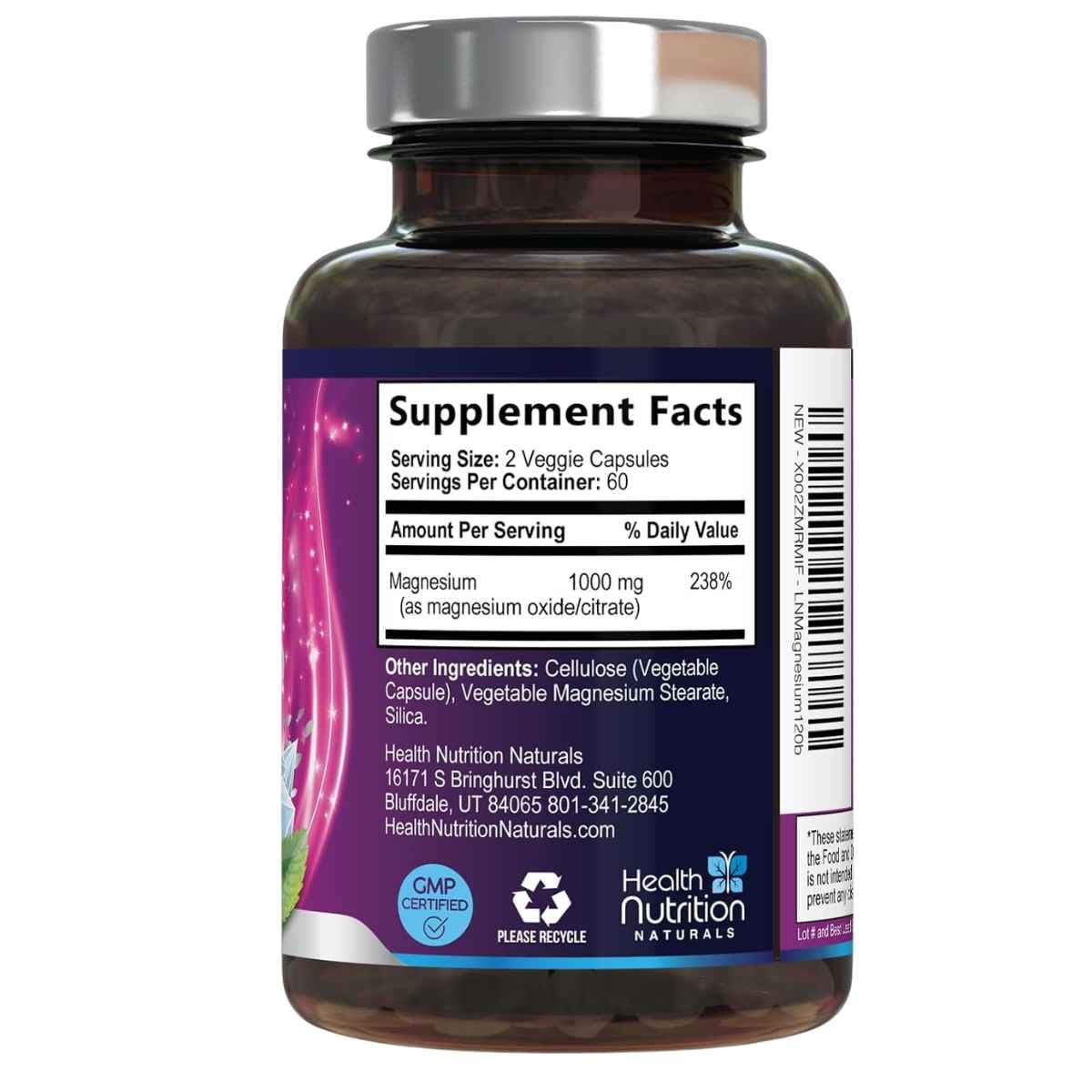 Información del suplemento de Health Nutrition Naturals citrato de magnesio 120 cápsulas