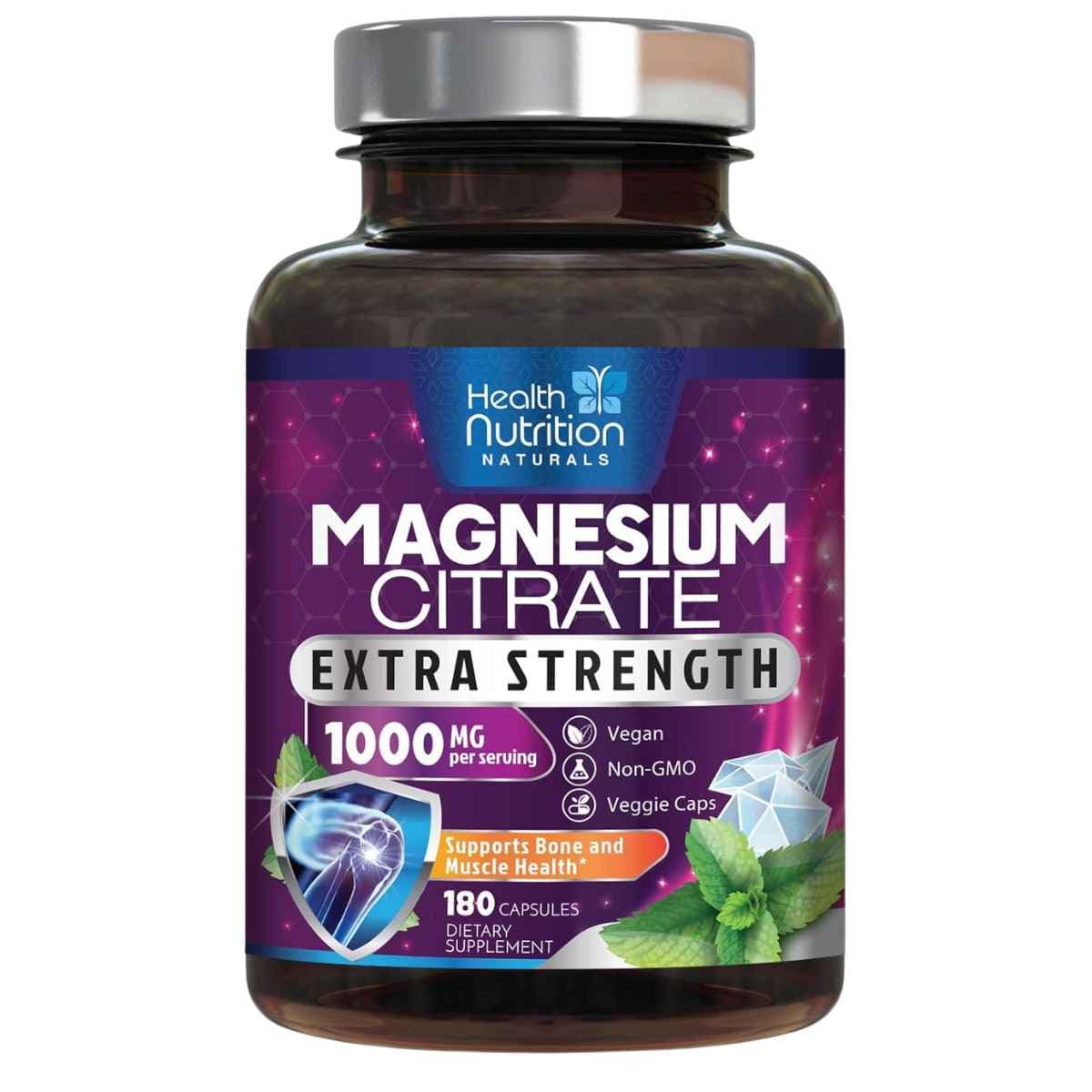 Frontal de Health Nutrition Naturals citrato de magnesio 180 cápsulas