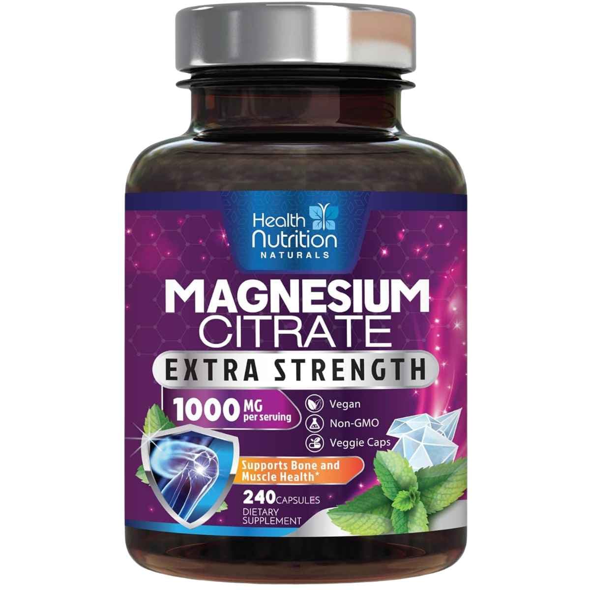 Frontal de Health Nutrition Naturals citrato de magnesio 240 cápsulas