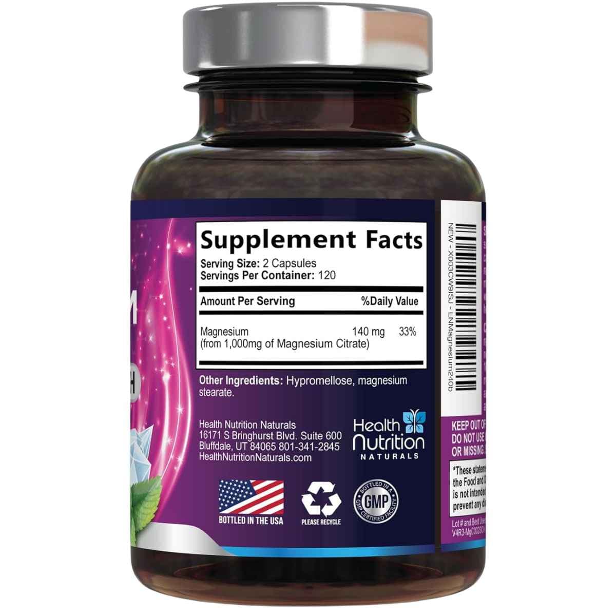 Información del suplemento de Health Nutrition Naturals citrato de magnesio 240 cápsulas