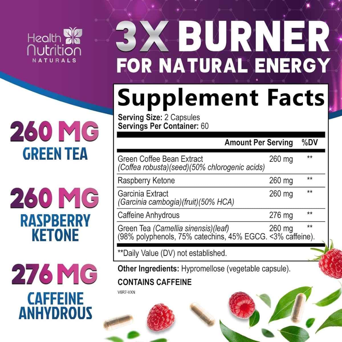 Tabla nutricional del suplemento Health Nutrition Naturals Extracto de Té Verde EGCG 1300 mg 60 cápsulas