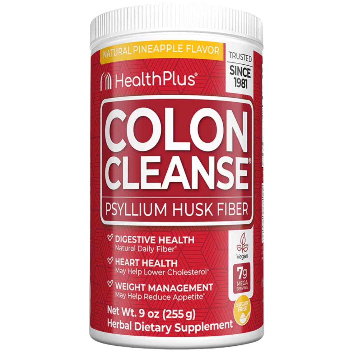 Frasco de suplemento HealthPlus Cáscara de Psyllium Piña 255 g