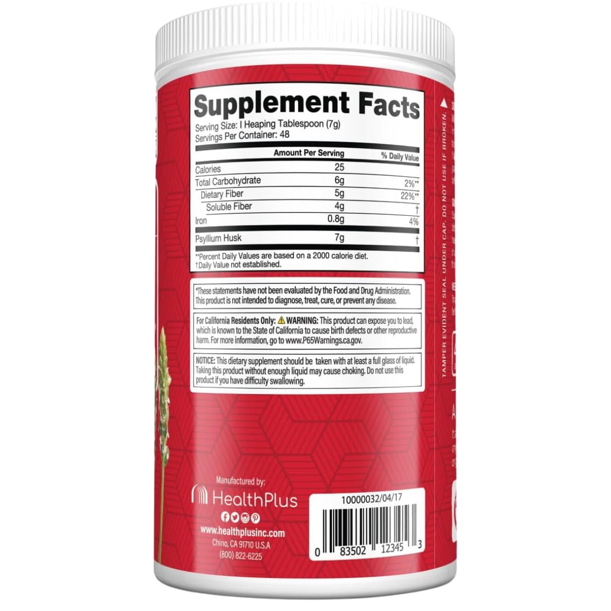 Tabla nutricional del suplemento Health Plus Cáscara de Psyllium polvo 12 oz (340 g)