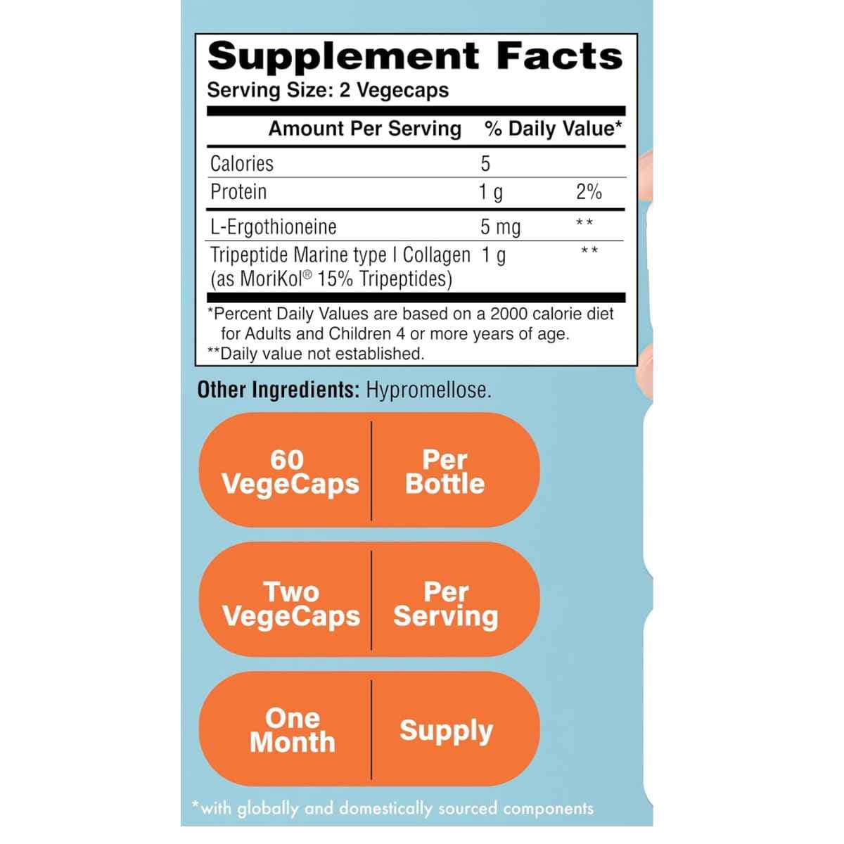 Información del suplemento de Health Thru Nutrition Skinue con colágeno marino y L-ergotioneína