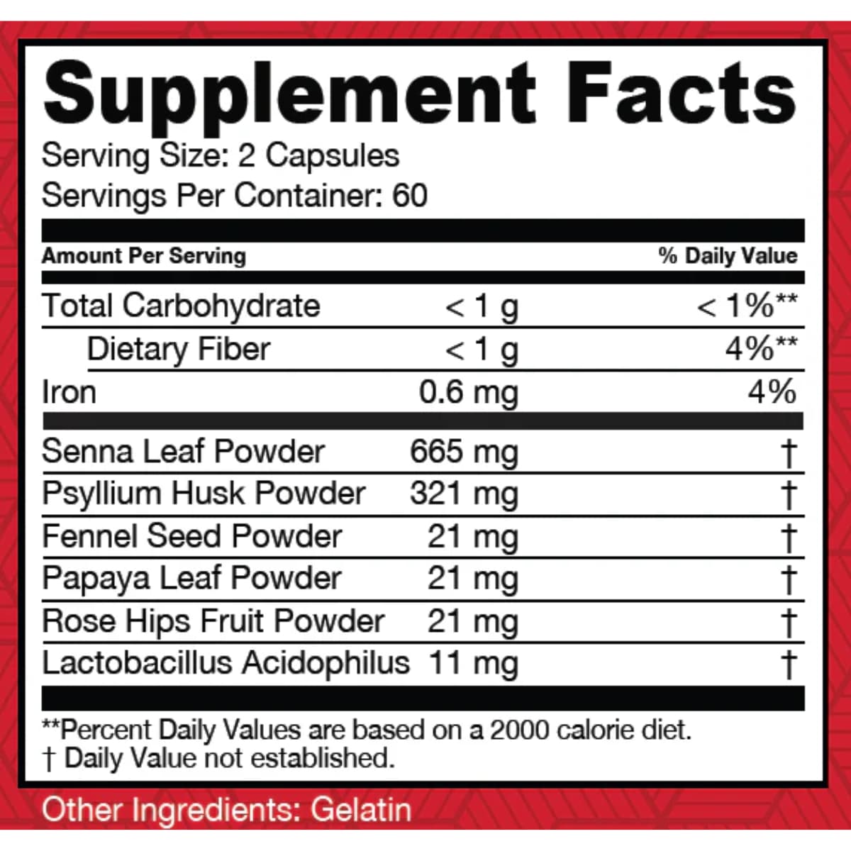 Tabla nutricional del suplemento HealthPlus Super Colon Cleanse 120 cápsulas.