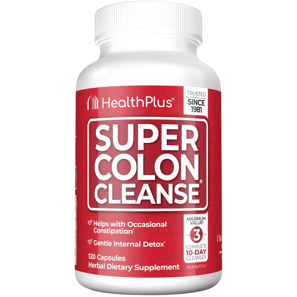 Frasco de suplemento HealthPlus Super Colon Cleanse 120 cápsulas.