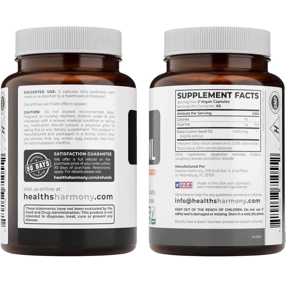 Etiqueta posterior de Healths Harmony aceite de semilla negra con modo de uso, advertencias e información del suplemento.