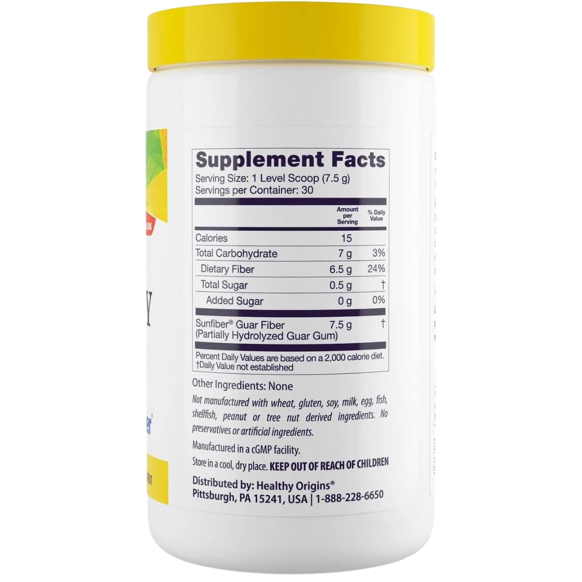 Tabla nutricional del suplemento Healthy Origins Fibra de Goma Guar Parcialmente Hidrolizada 225 g