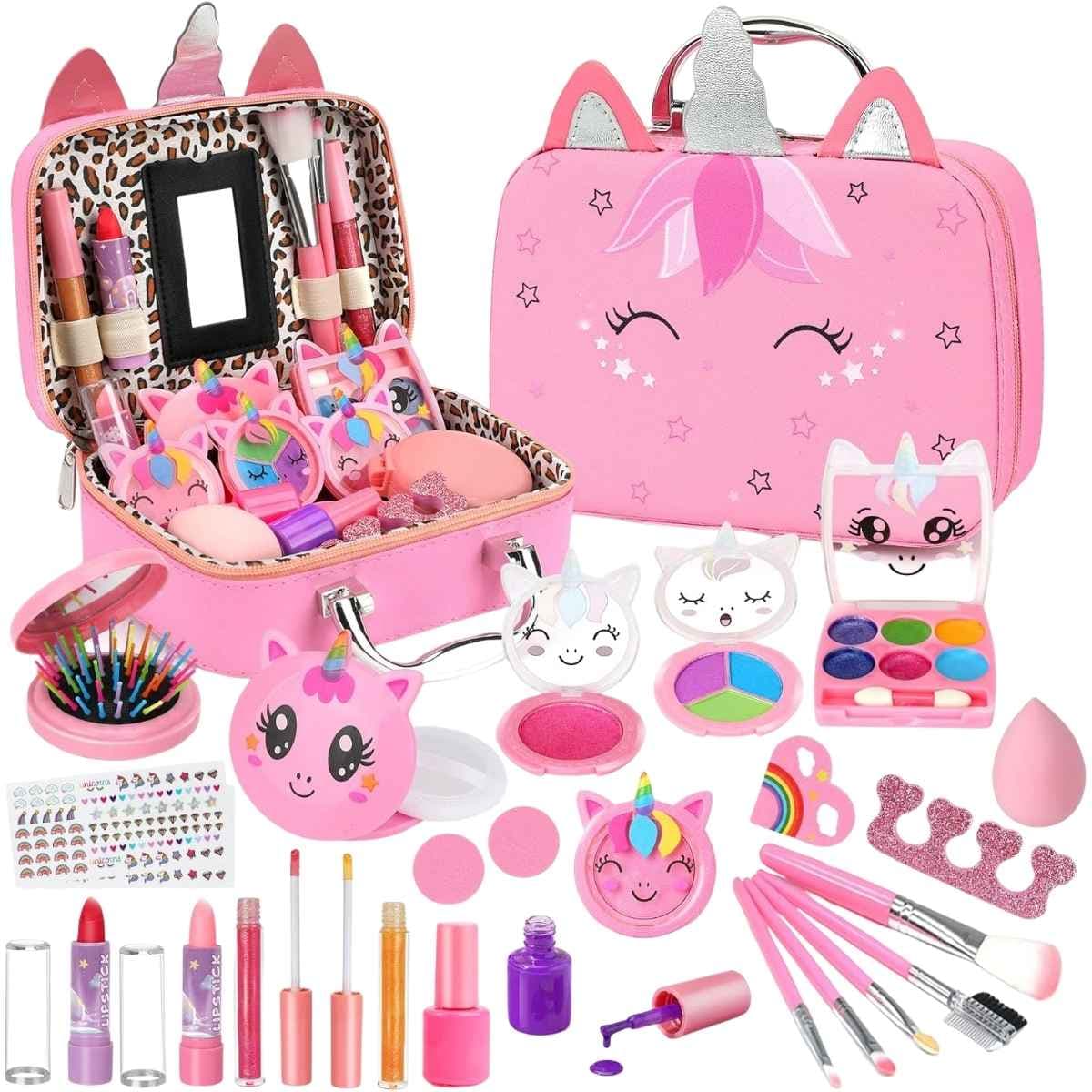 Kit Heaning de maquillaje infantil lavable color rosa con estuche de unicornio y accesorios.