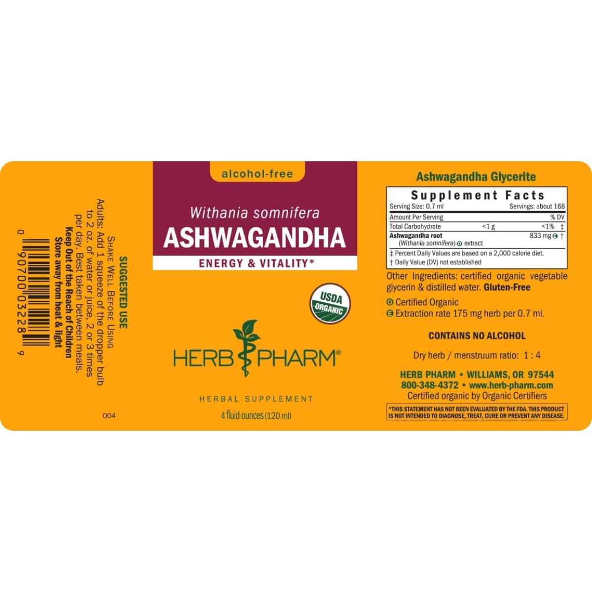 Tabla nutricional del suplemento Herb Pharm Ashwagandha sin alcohol 120 ml