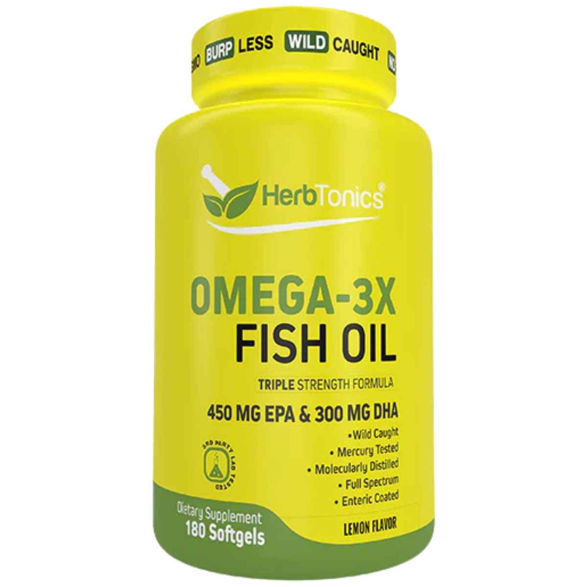 Frasco de Herbtonics Omega-3X aceite de pescado Omega 3, presentación de 180 cápsulas blandas