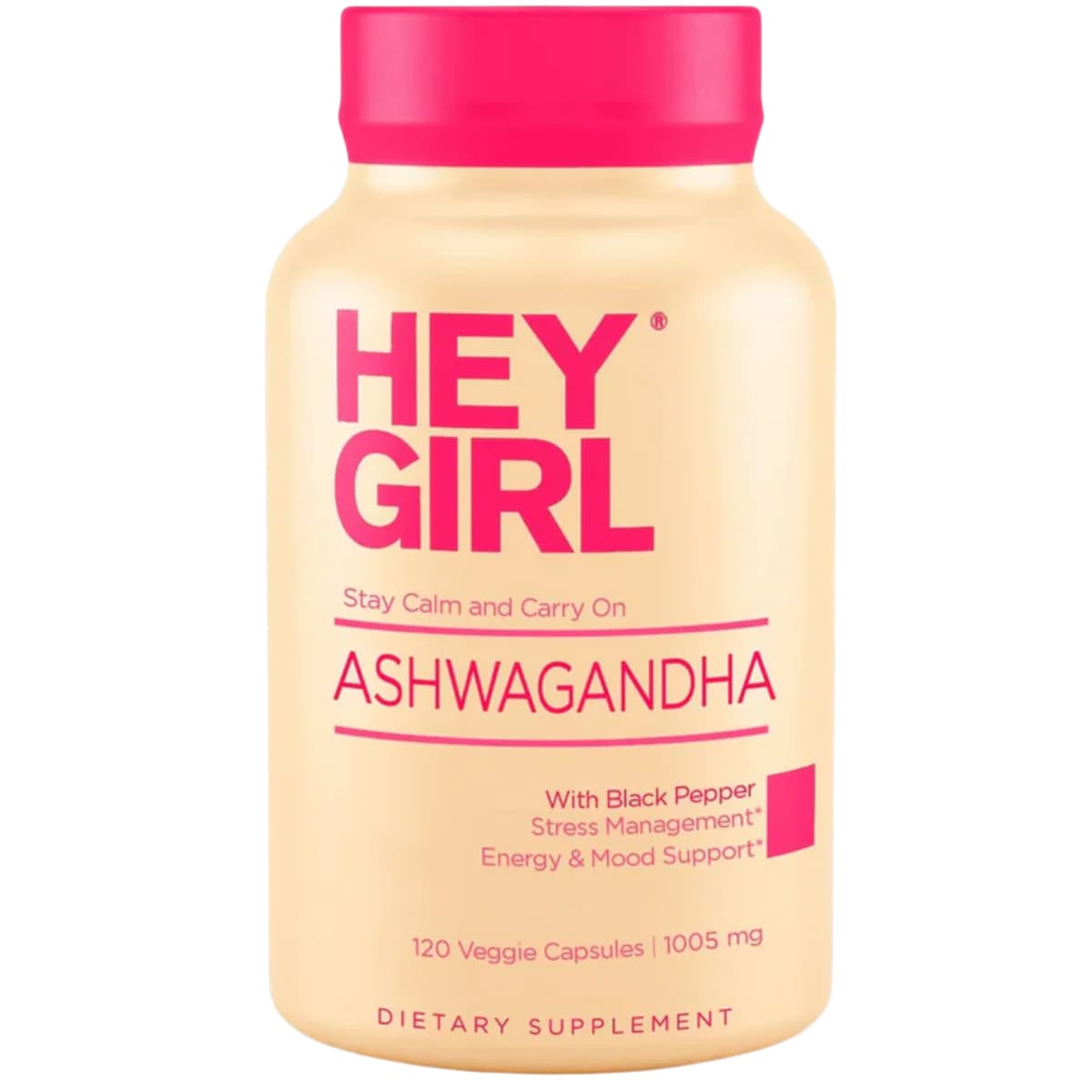 Frasco frontal de HEY GIRL Ashwagandha con Pimienta Negra 1005 mg de 120 cápsulas vegetales