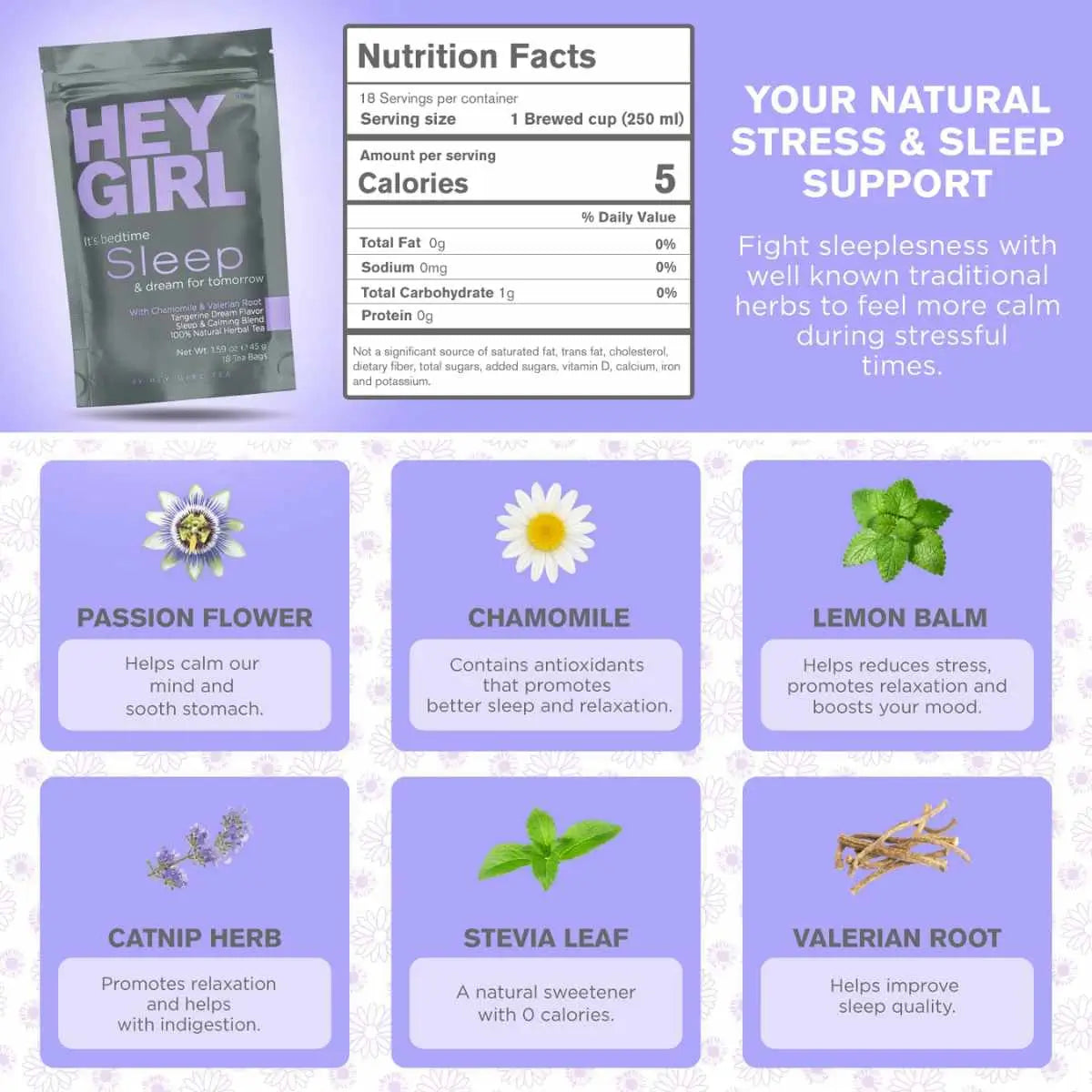 Hey Girl te para conciliar el sueño - 45 g - 20 Servicios - Tabla Nutricional - Haz Tu Pedido.