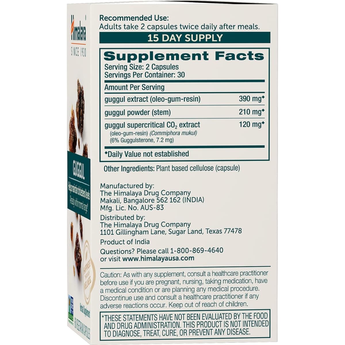 Tabla nutricional del suplemento Himalaya Guggul 60 cápsulas vegetarianas