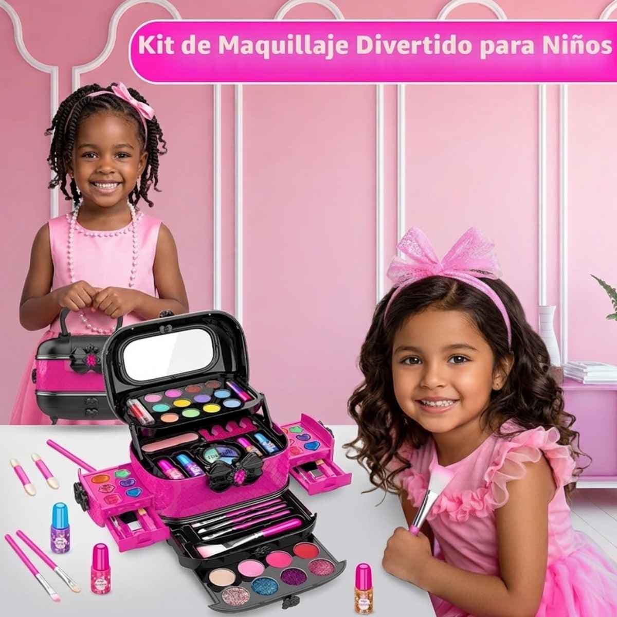 Kit de maquillaje infantil Hollyhi rosa y negro con estuche y accesorios