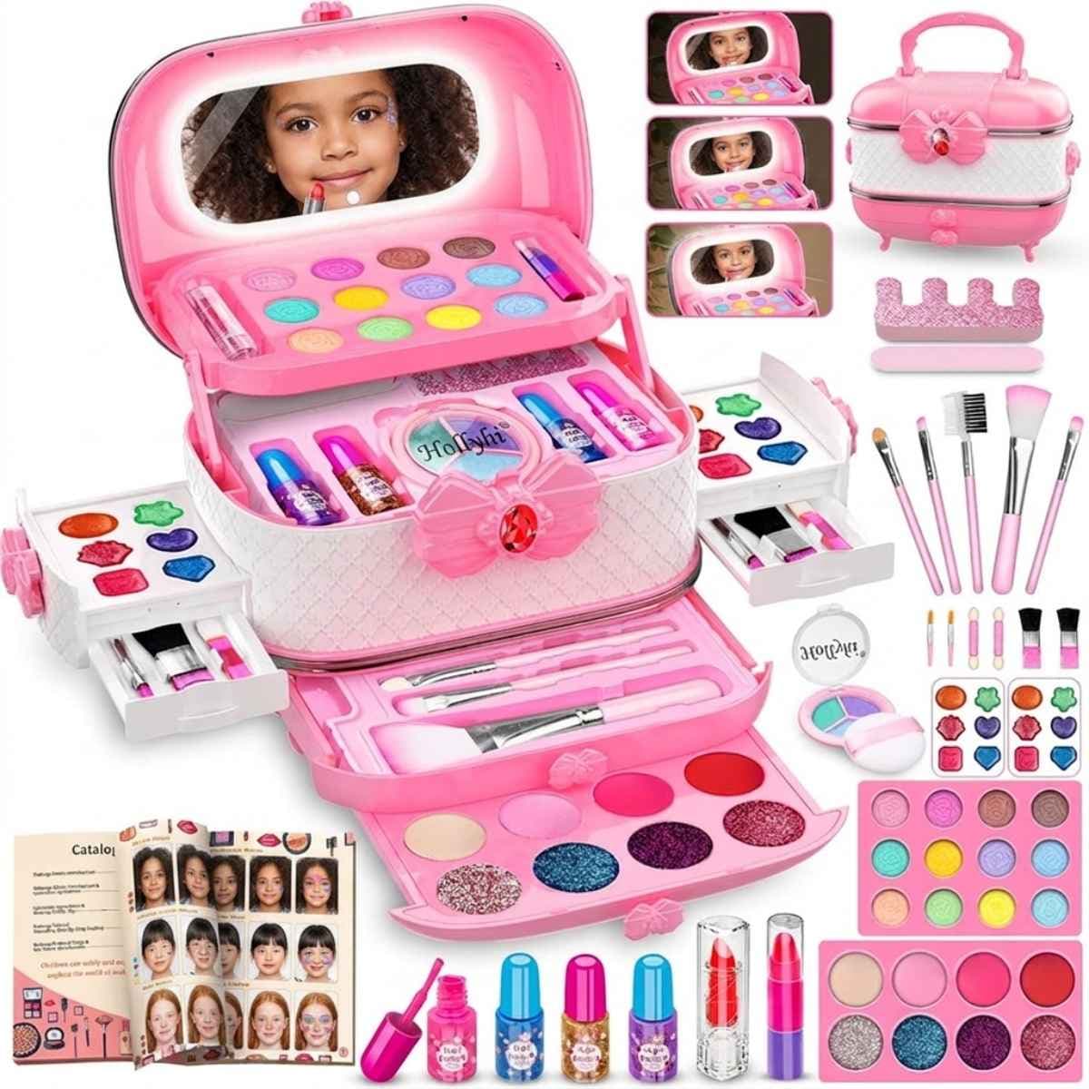Kit de maquillaje infantil Hollyhi de 58 piezas en color rosa con estuche y accesorios