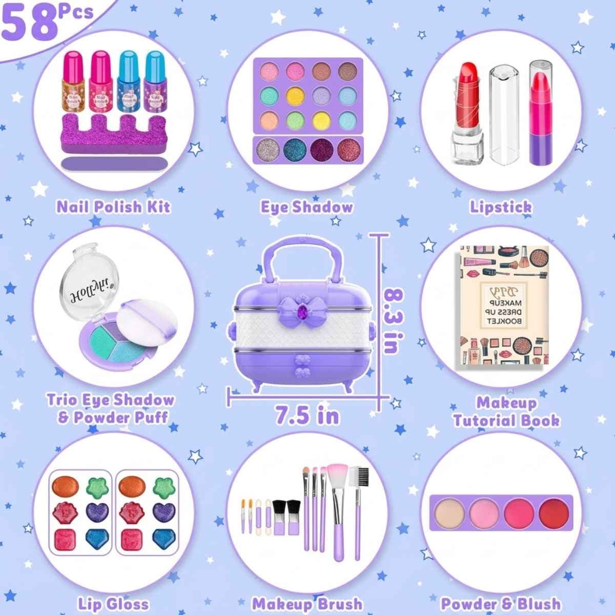 Contenido del kit de maquillaje infantil Hollyhi morado con estuche y accesorios