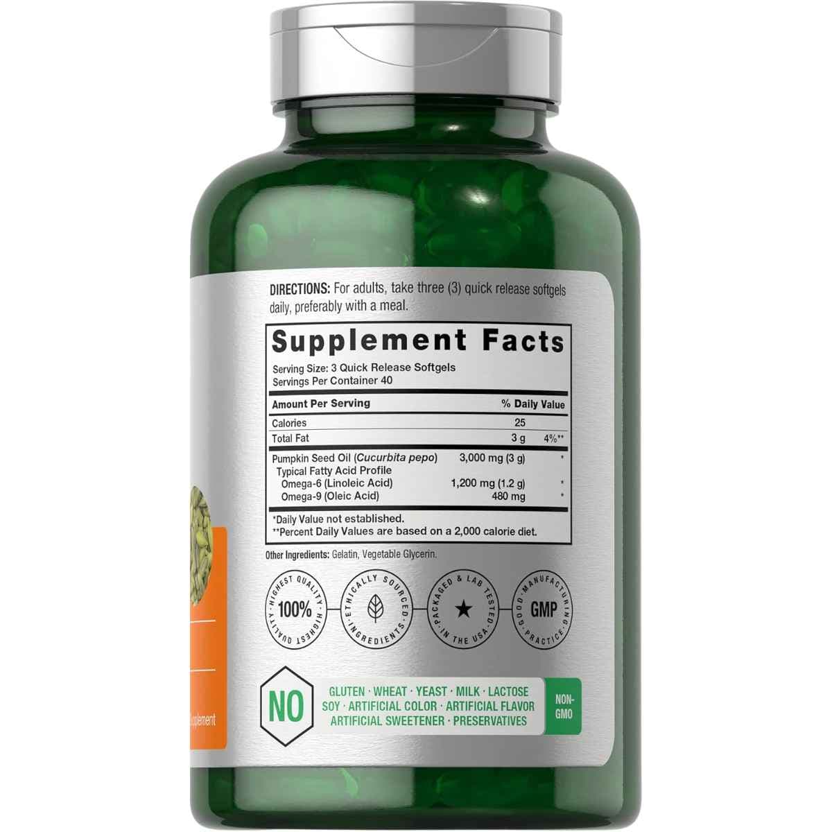 Tabla nutricional del suplemento Horbäach Aceite de Semilla de Calabaza 3000 mg 120 Cápsulas Blandas