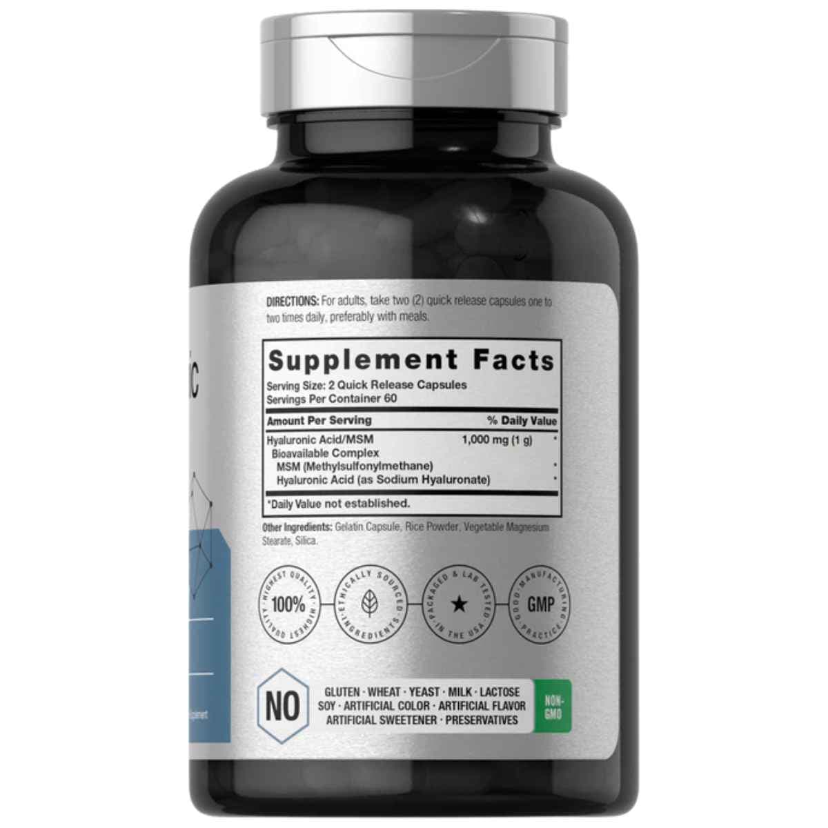Tabla nutricional del suplemento Horbaach Ácido Hialurónico con MSM 120 cápsulas