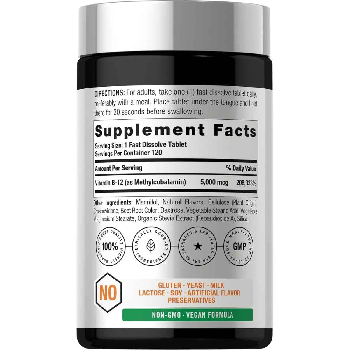 Tabla Supplement Facts Horbaach Vitamina B12 Metilcobalamina 5000 mcg 120 tabletas