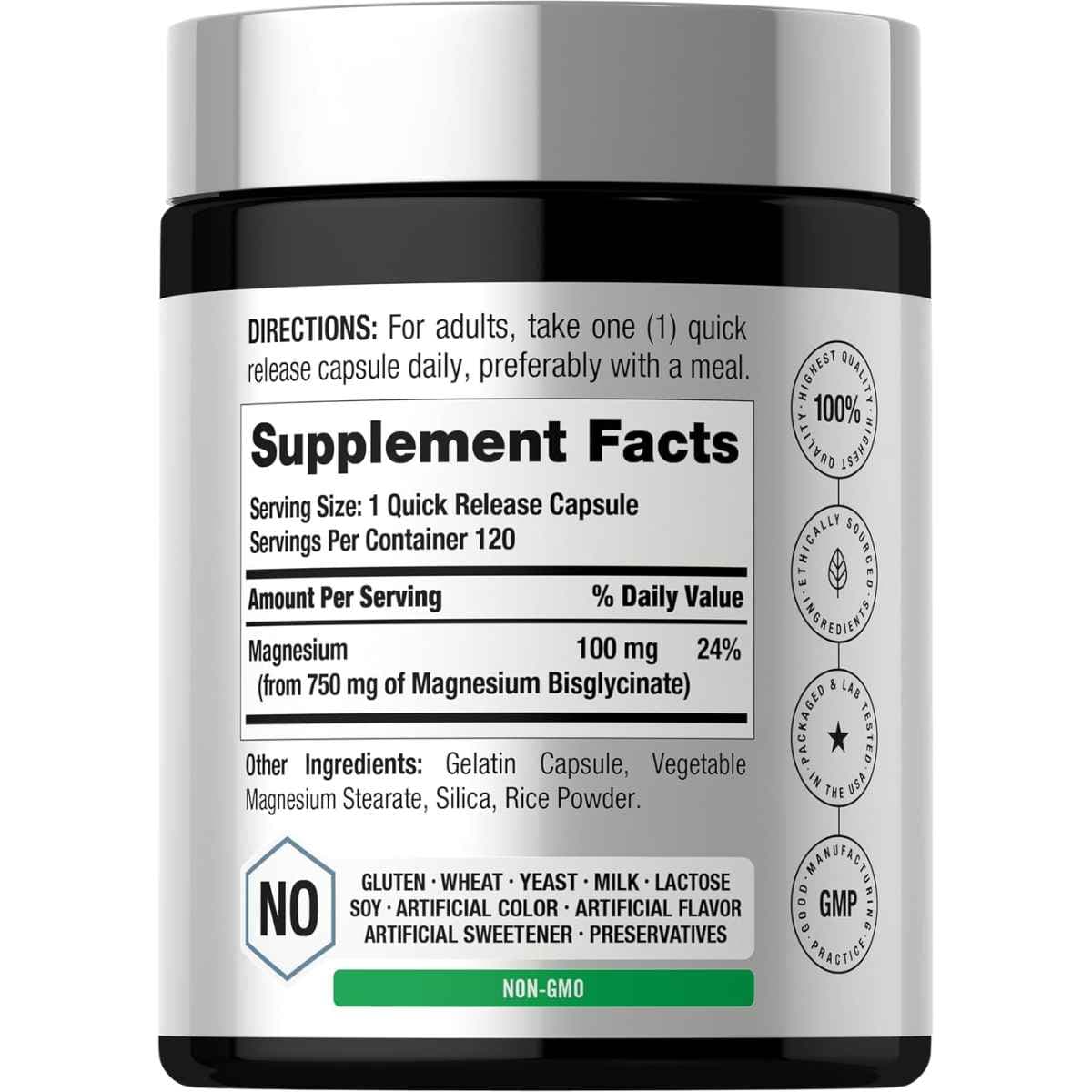 Etiqueta posterior de Horbäach bisglicinato de magnesio con Supplement Facts y modo de uso