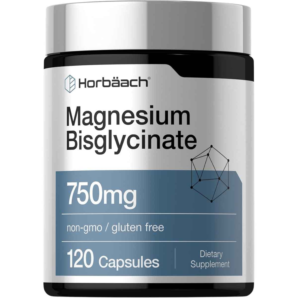 Frasco frontal de Horbäach bisglicinato de magnesio 100 mg por cápsula, 120 cápsulas
