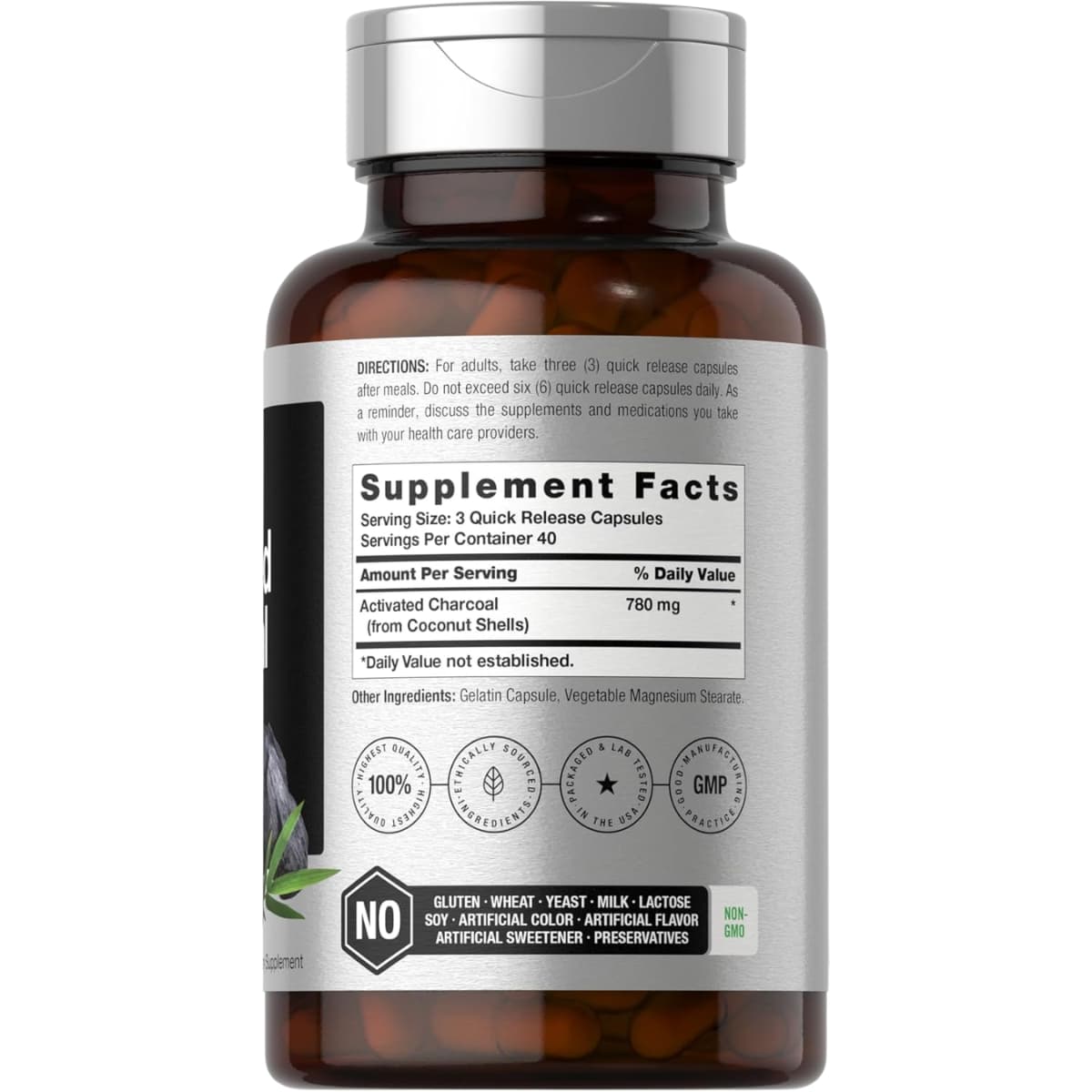 Tabla nutricional del suplemento Horbaach Carbón Activado 780 mg 120 cápsulas