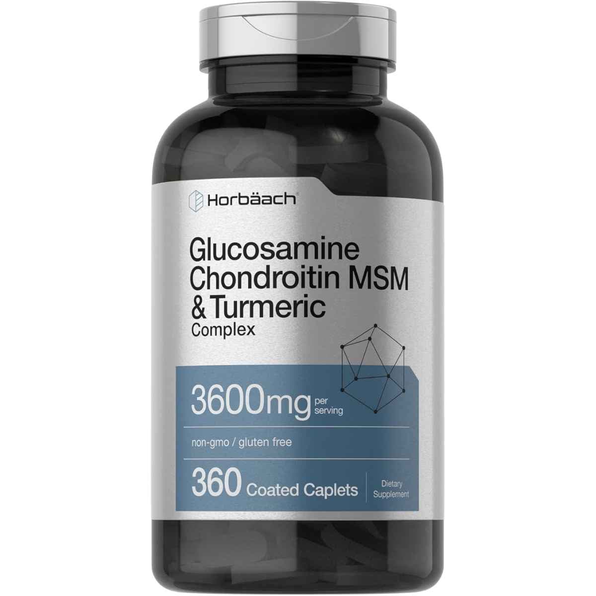 Frasco de suplemento Horbäach Complejo de Glucosamina, Condroitina, MSM y Cúrcuma 360 Tabletas Recubiertas