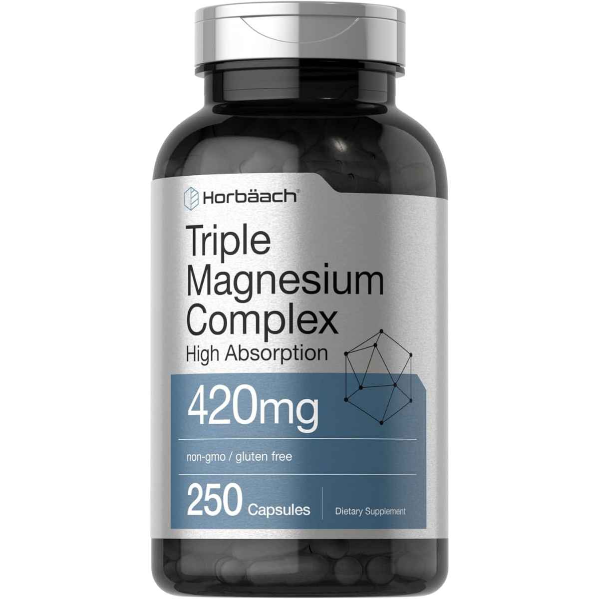 Horbäach complejo triple de magnesio 420 mg, frasco de 250 cápsulas, vista frontal