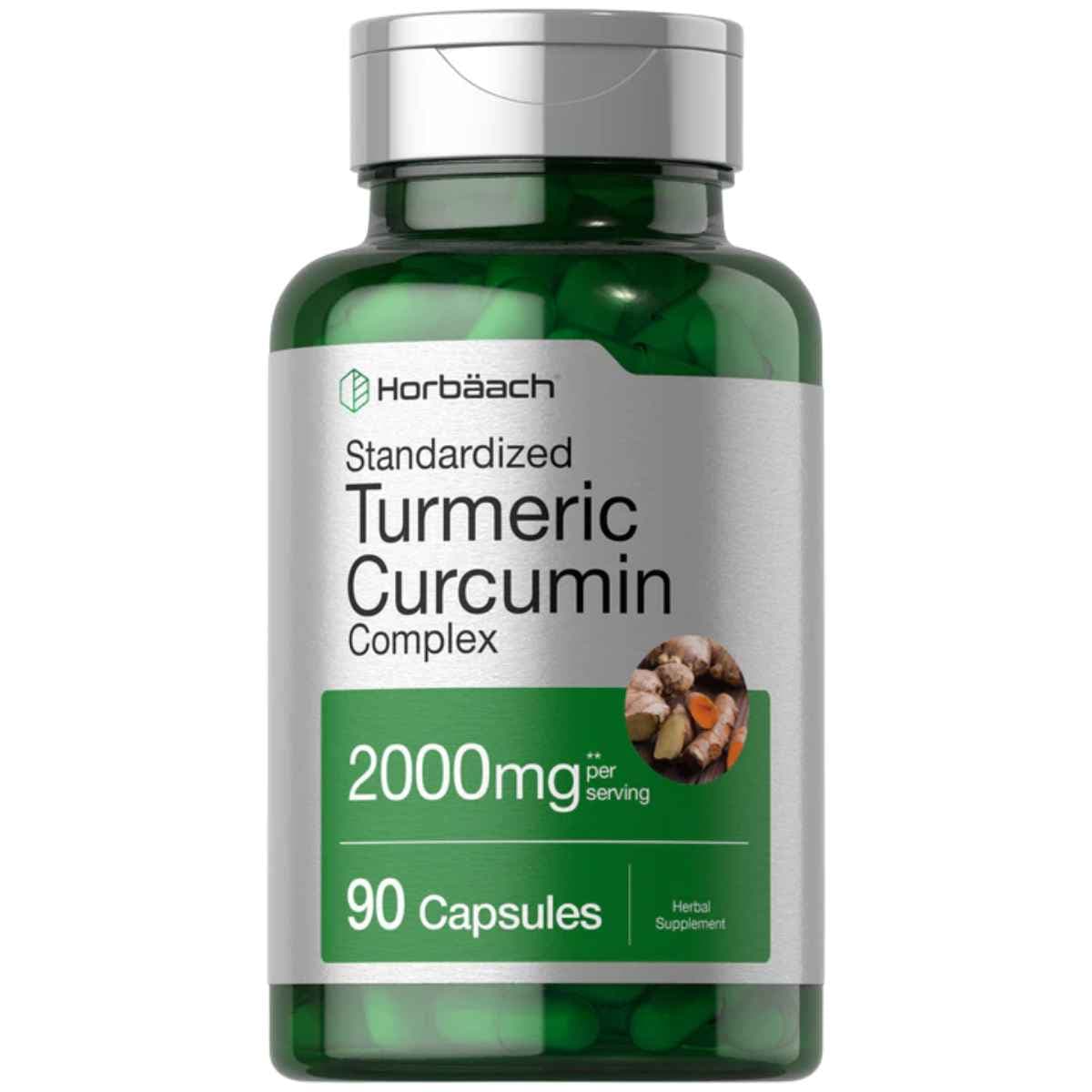 Frasco de suplemento Horbaach Cúrcuma Curcumina 2000 mg 90 cápsulas