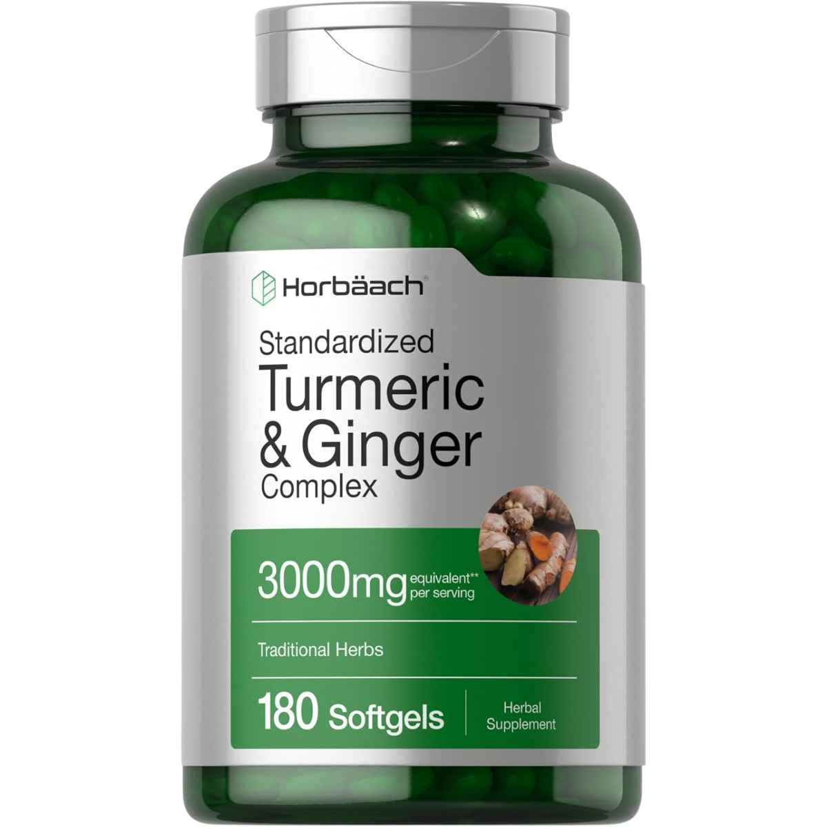 Frasco de suplemento Horbäach Cúrcuma y Jengibre 3000 mg 180 cápsulas blandas