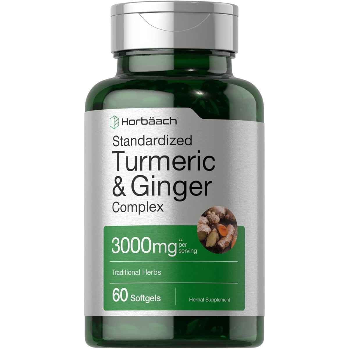 Frasco de suplemento Horbäach Cúrcuma y Jengibre 3000 mg 60 cápsulas blandas