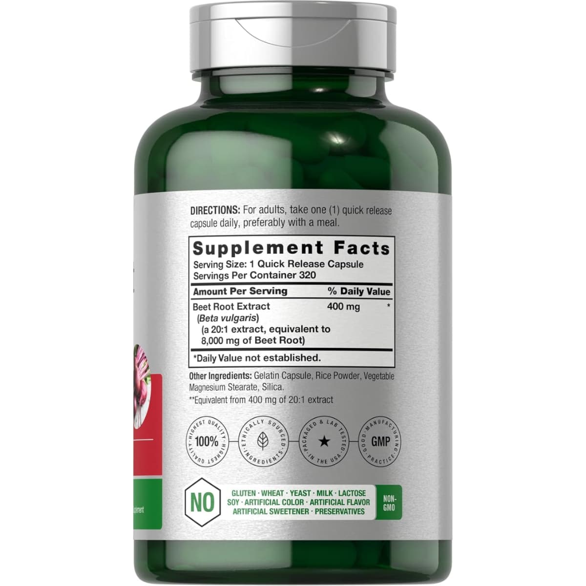 Tabla nutricional del suplemento Horbäach Extracto de Raíz de Remolacha 8000 mg 320 cápsulas