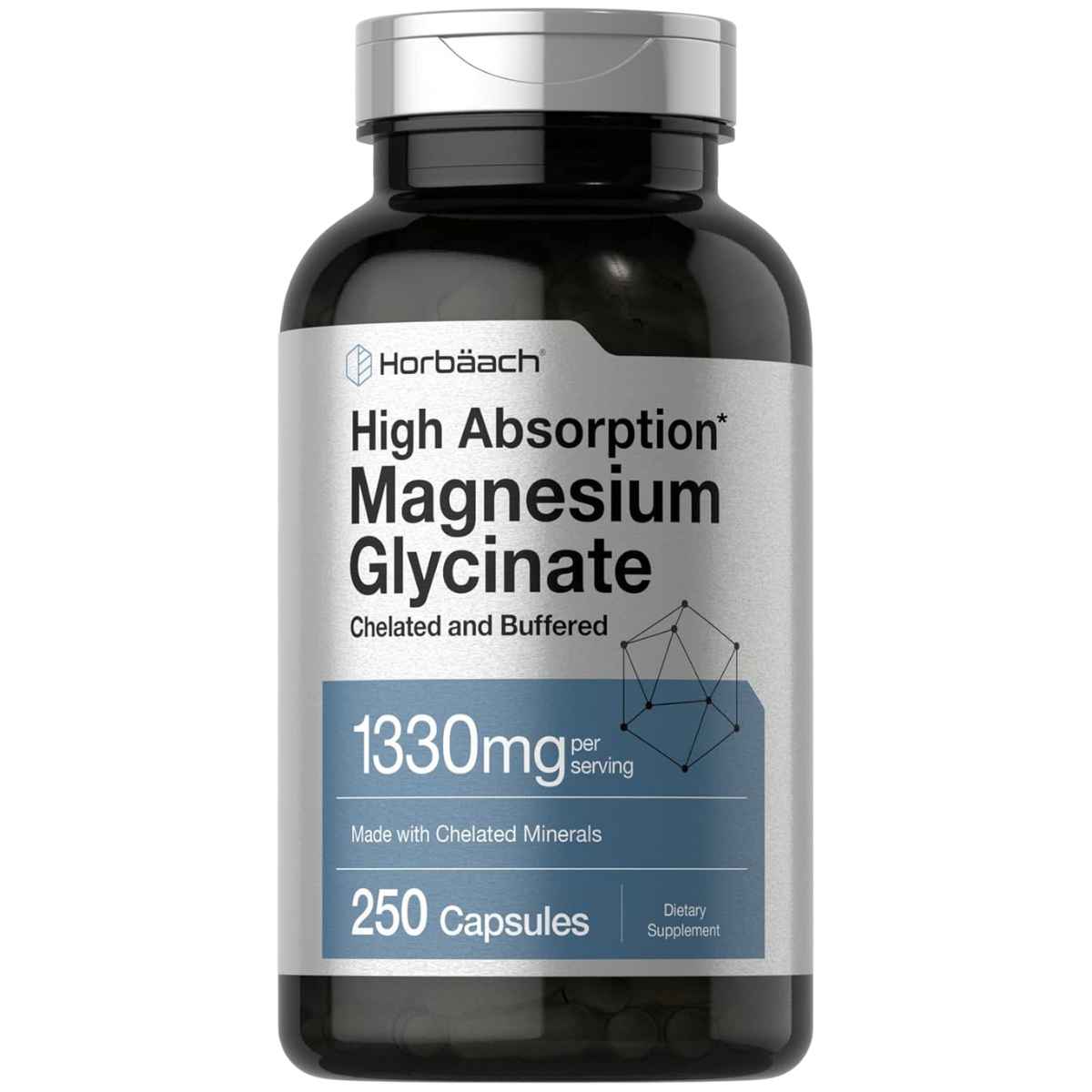 Frasco frontal de Horbäach glicinato de magnesio 240 mg por porción, 250 cápsulas