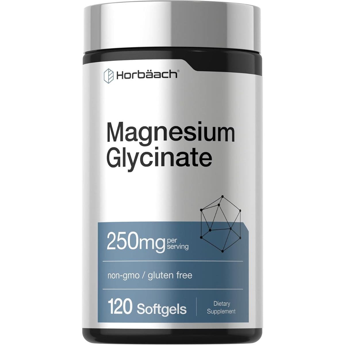 Frasco Horbäach glicinato de magnesio 250 mg por porción, 120 cápsulas blandas