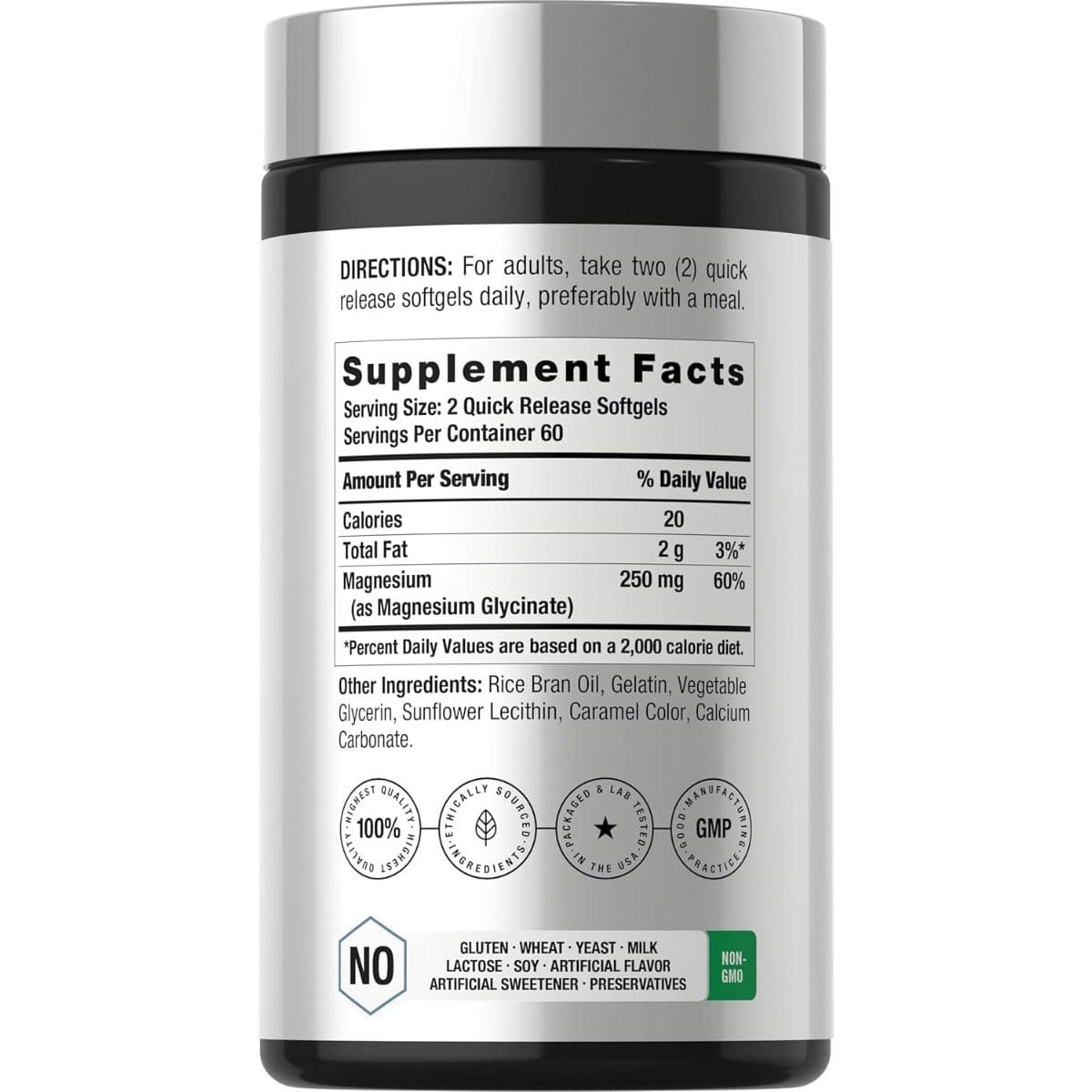 Etiqueta Supplement Facts de Horbäach glicinato de magnesio con 250 mg por porción