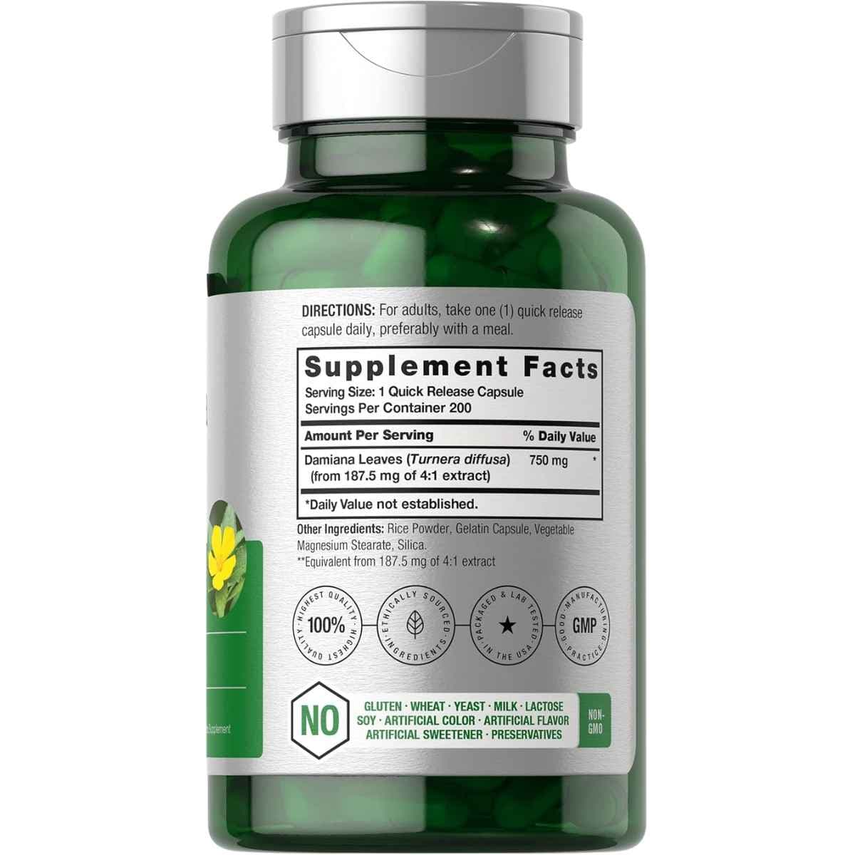 Tabla nutricional del suplemento Horbäach Hojas de Damiana 200 cápsulas