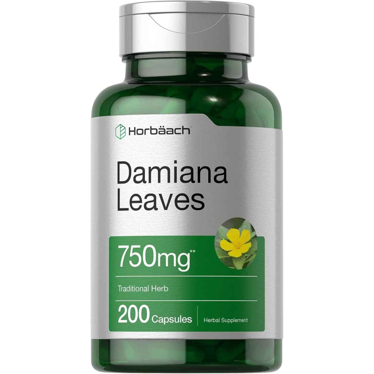 Frasco de suplemento Horbäach Hojas de Damiana 200 cápsulas