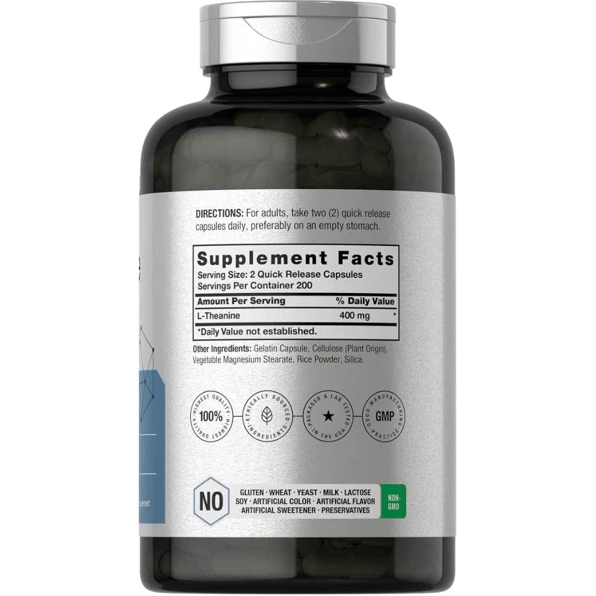 Tabla de suplemento de Horbaach L-Teanina 400 mg por porción, presentación de 400 cápsulas.