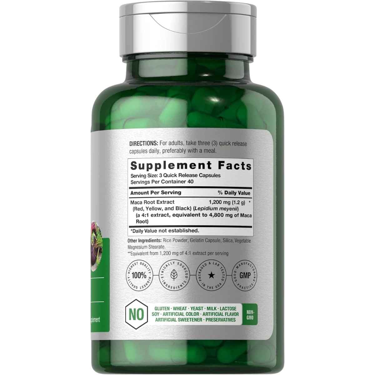 Tabla nutricional del suplemento Horbäach Maca Roja, Amarilla y Negra 120 cápsulas