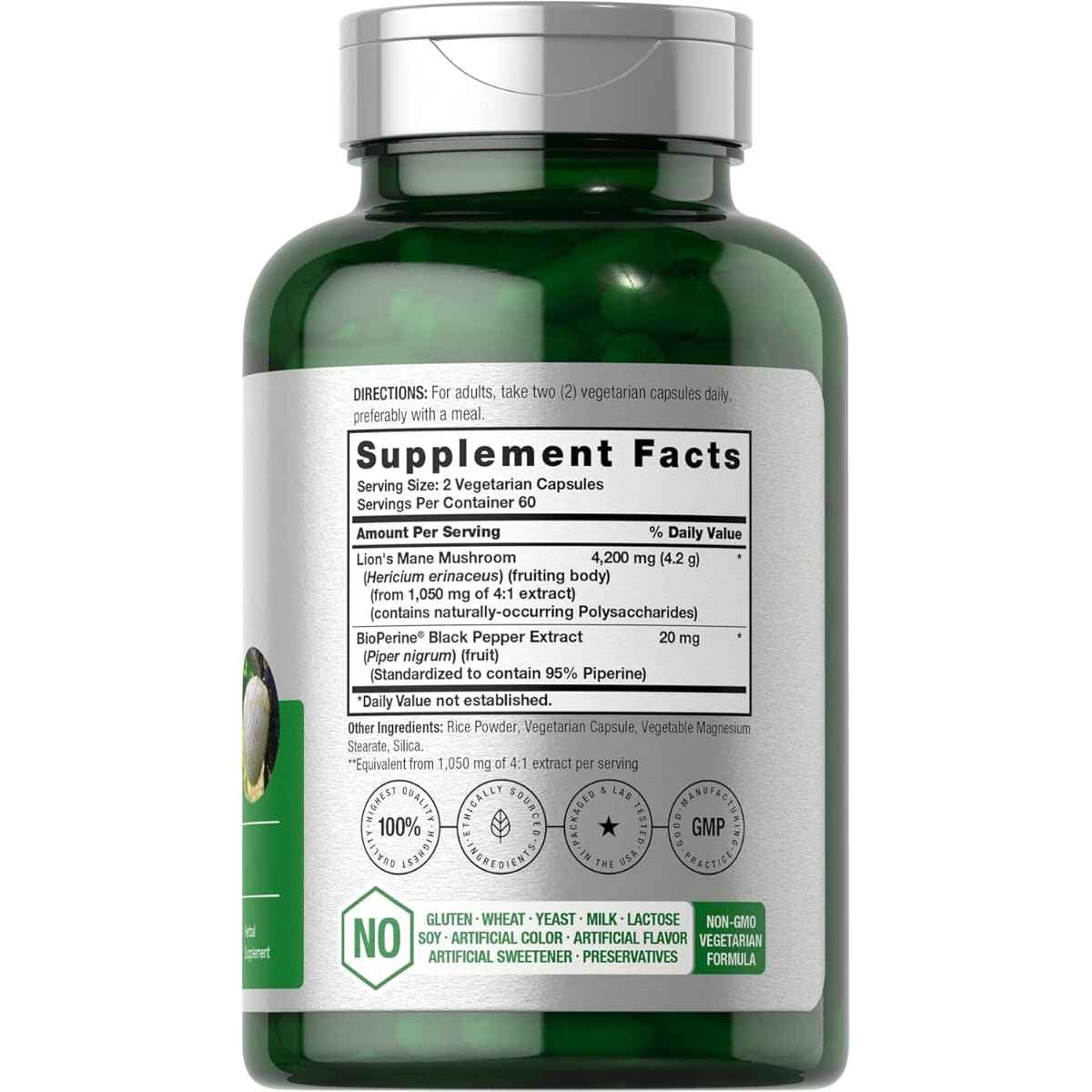 Etiqueta de suplemento de Horbaach Melena de León con información de porción, ingredientes y modo de uso