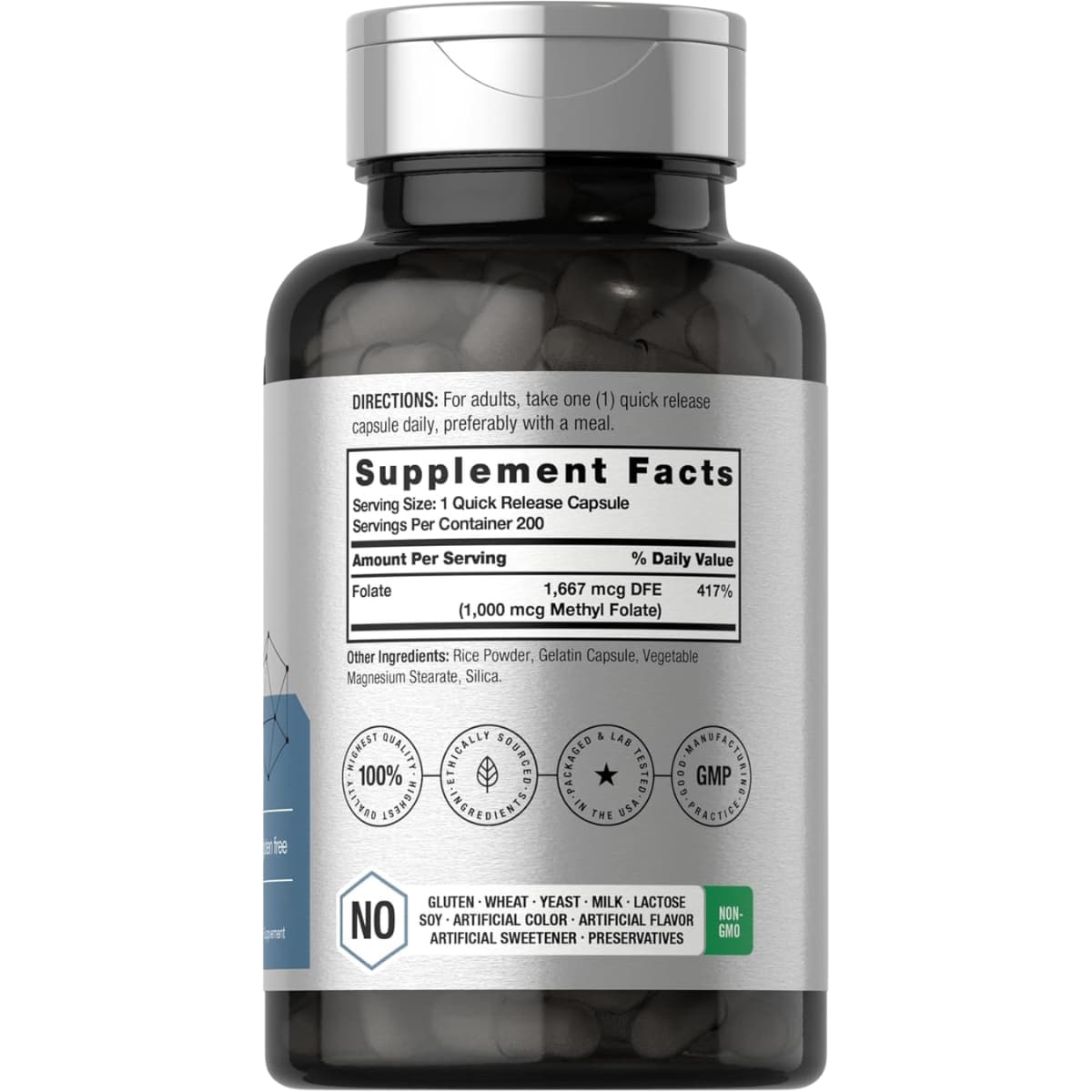 Tabla nutricional del suplemento Horbaach Metil Folato 200 cápsulas