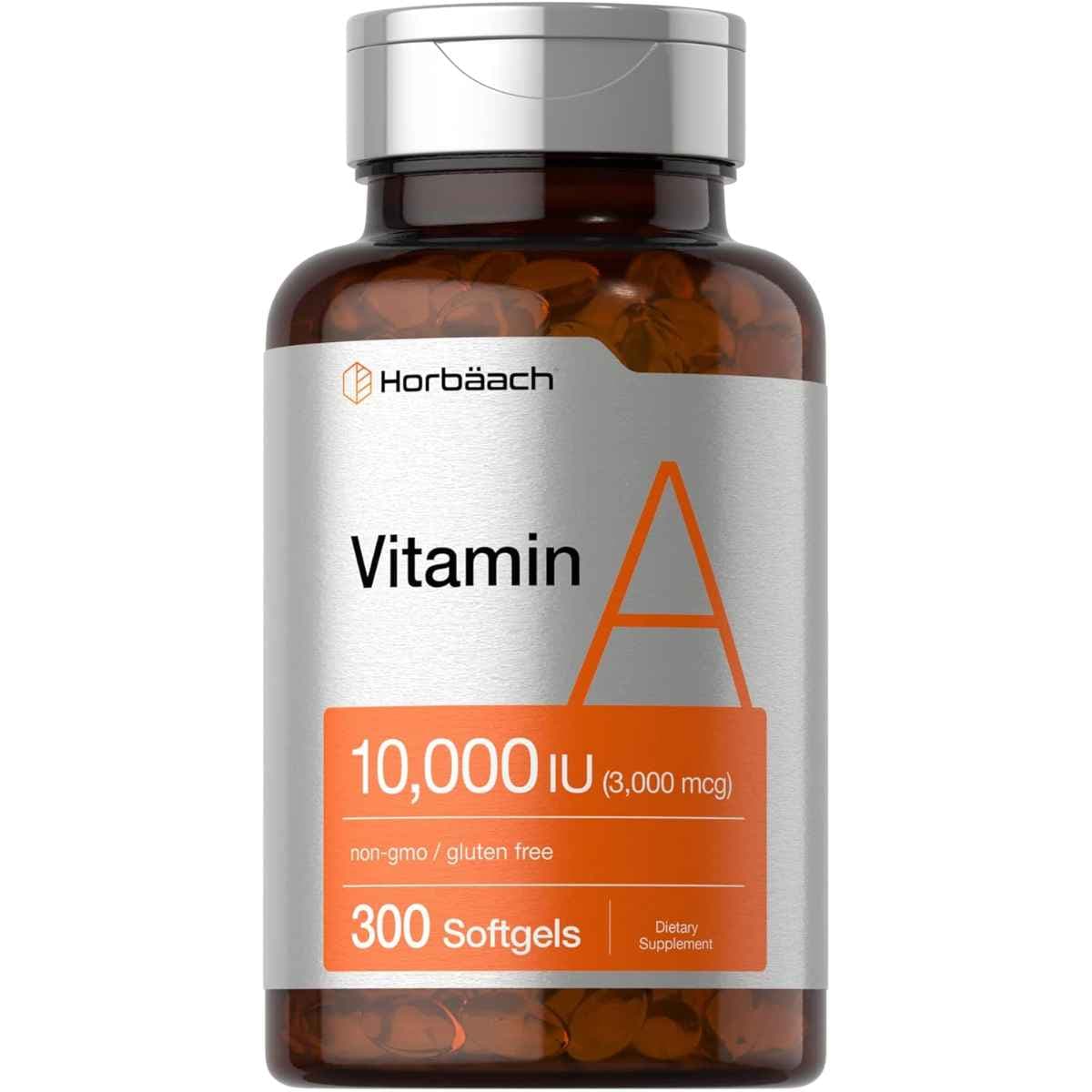 Frasco de suplemento Horbäach Vitamina A como Palmitato de Retinilo y Aceite de Hígado de Bacalao 10.000 UI 300 cápsulas blandas