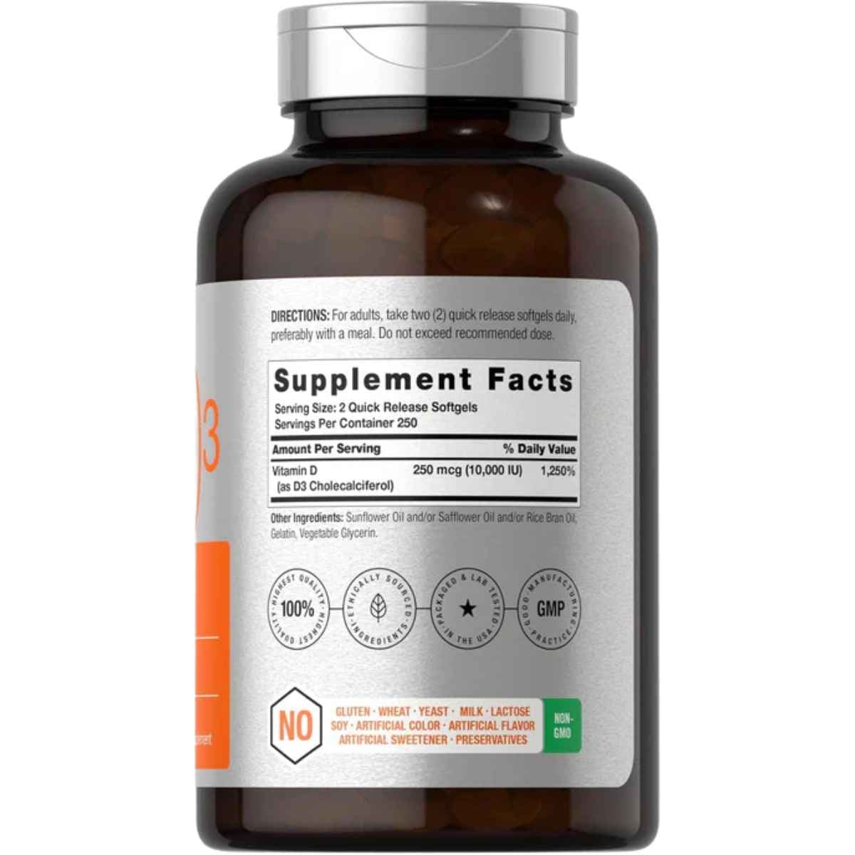 Tabla nutricional del suplemento Horbaach Vitamina D3 10,000 UI 500 cápsulas blandas