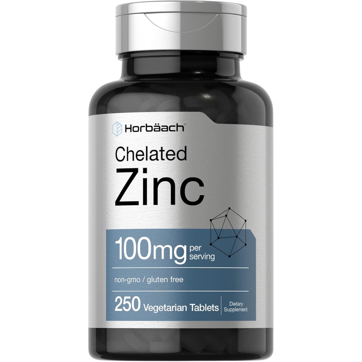 Frasco de suplemento Horbäach Zinc Quelado 250 tabletas vegetarianas