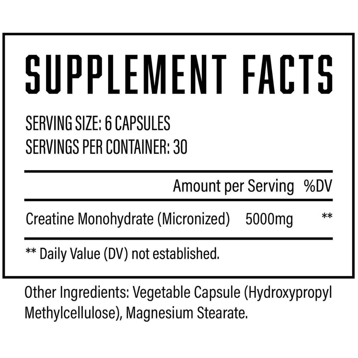 Tabla nutricional del suplemento Huge Supplements Creatina Monohidrato 150 cápsulas