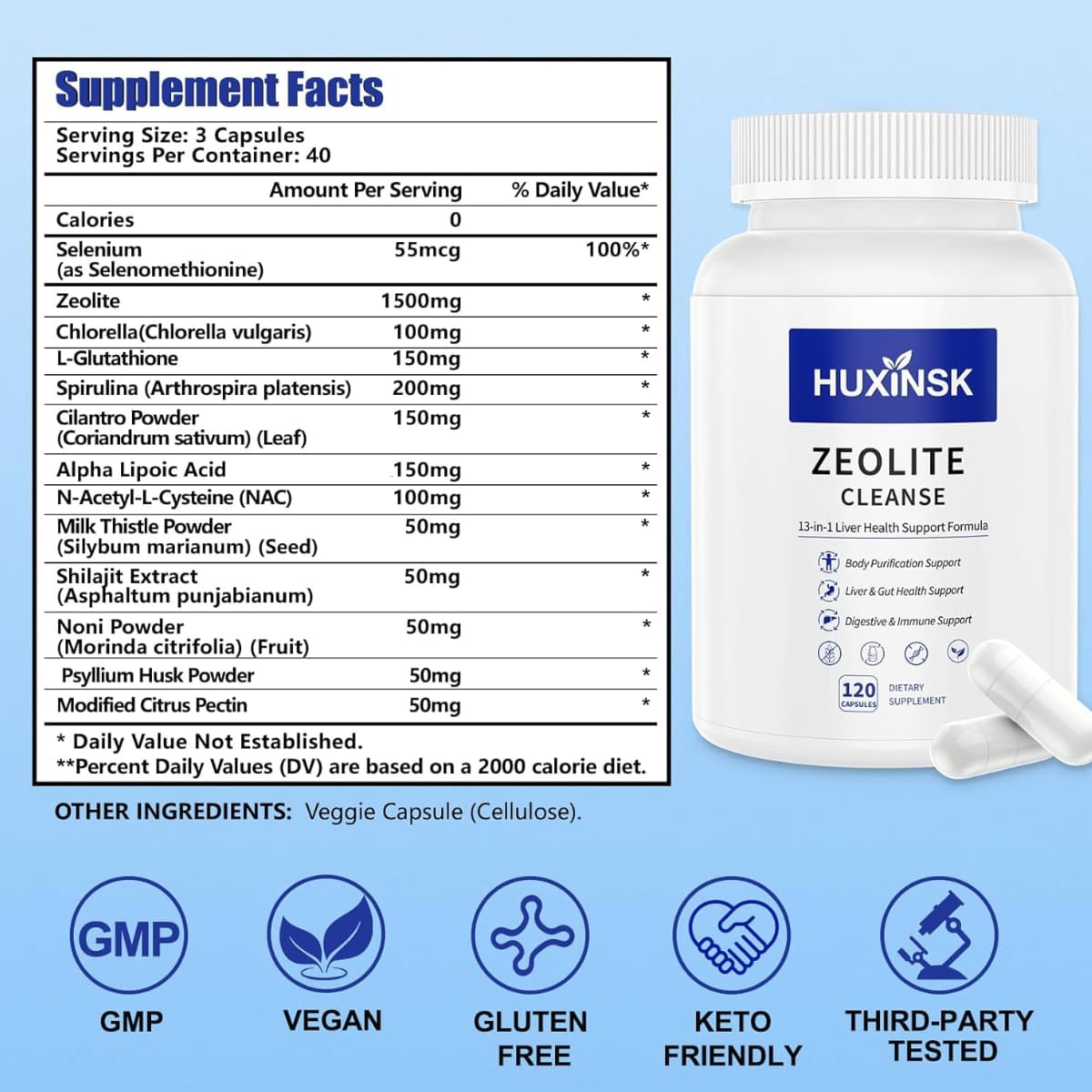 Tabla nutricional del suplemento HUXINSK Zeolita Cleanse 120 cápsulas