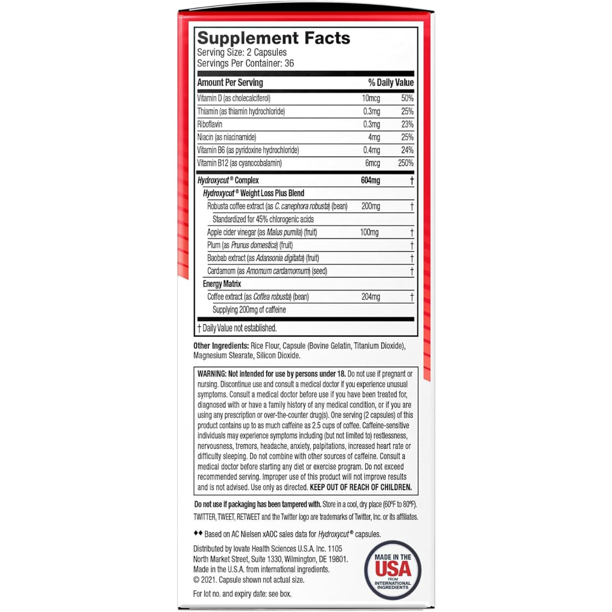 Tabla nutricional del suplemento Hydroxycut Original 72 cápsulas
